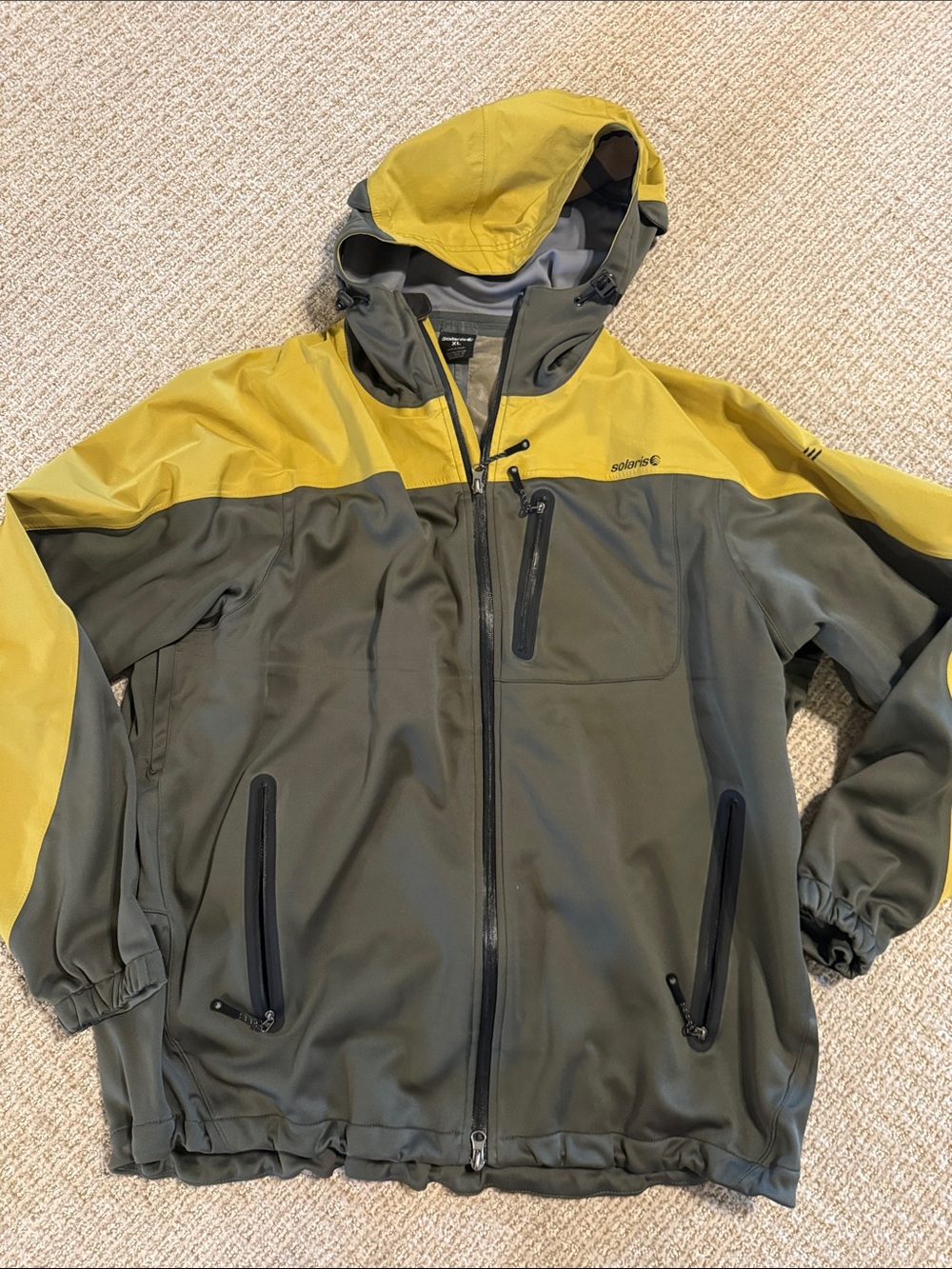 Men’s Solaris green yellow rain jacket coat zip up hood sz XL Nice!